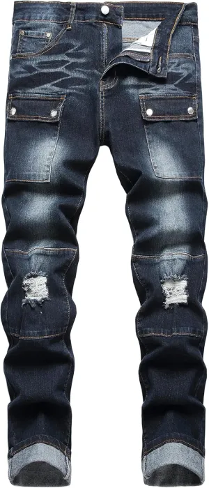 Men's Slim Fit Stretch Jeans Ripped Skinny Jeans for Men, Fashion Straight Leg Comfort Flex Waist Cargo Denim Pants