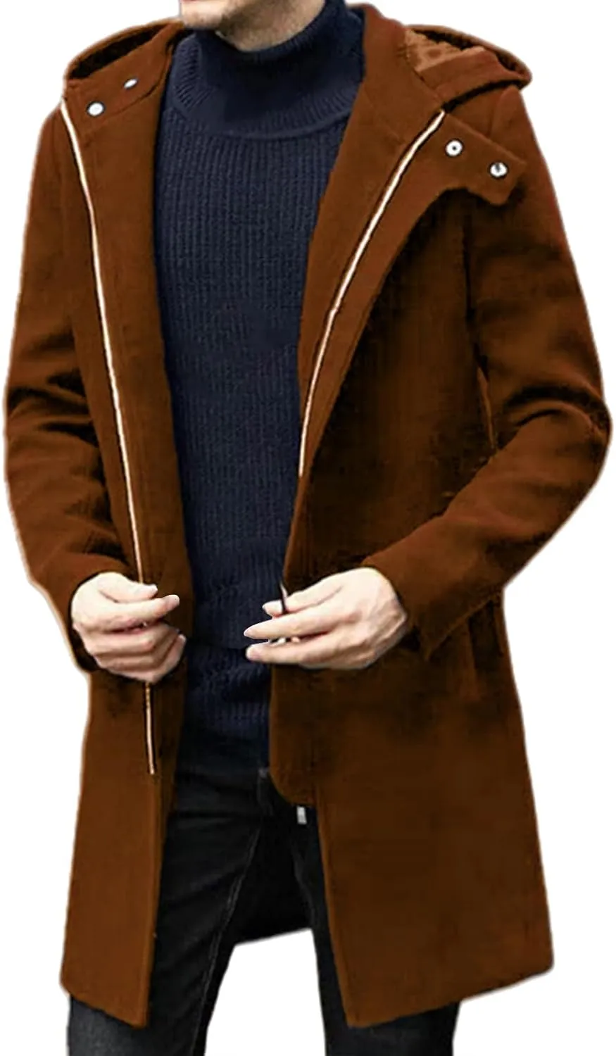 Mens Trench Coat Casual Lapel Collar Business Casual Winter Long Overcoats Fall Winter Pea Coat Zipper Hooded Jacket