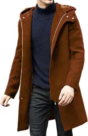 Mens Trench Coat Casual Lapel Collar Business Casual Winter Long Overcoats Fall Winter Pea Coat Zipper Hooded Jacket