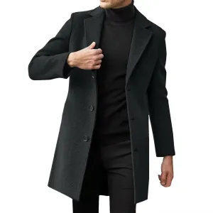 Mens Trench Coat Slim Fit Notch Lapel Single Breasted Business Casual Long Peacoat Fall Winter Windproof Overcoat