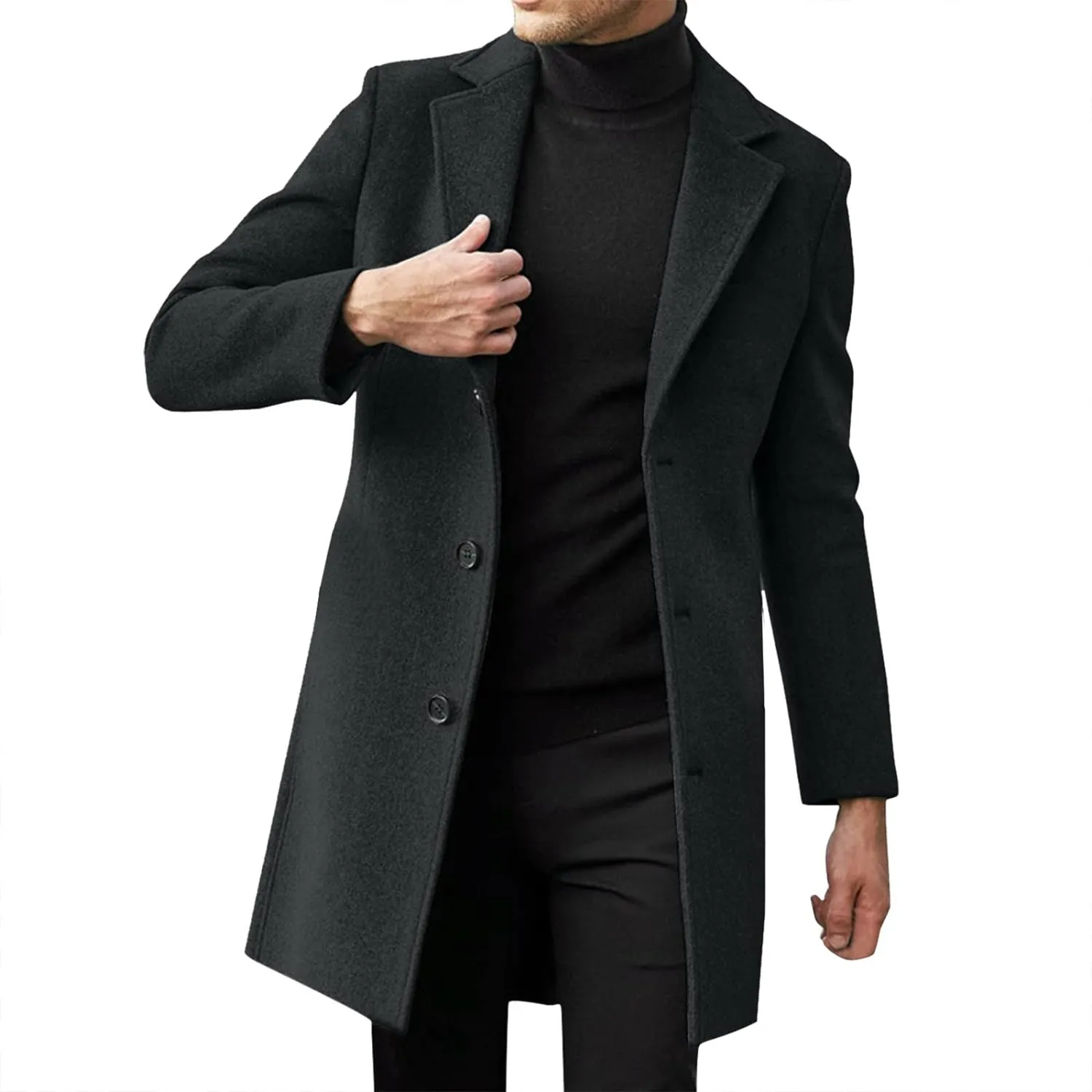 Mens Trench Coat Slim Fit Notch Lapel Single Breasted Business Casual Long Peacoat Fall Winter Windproof Overcoat