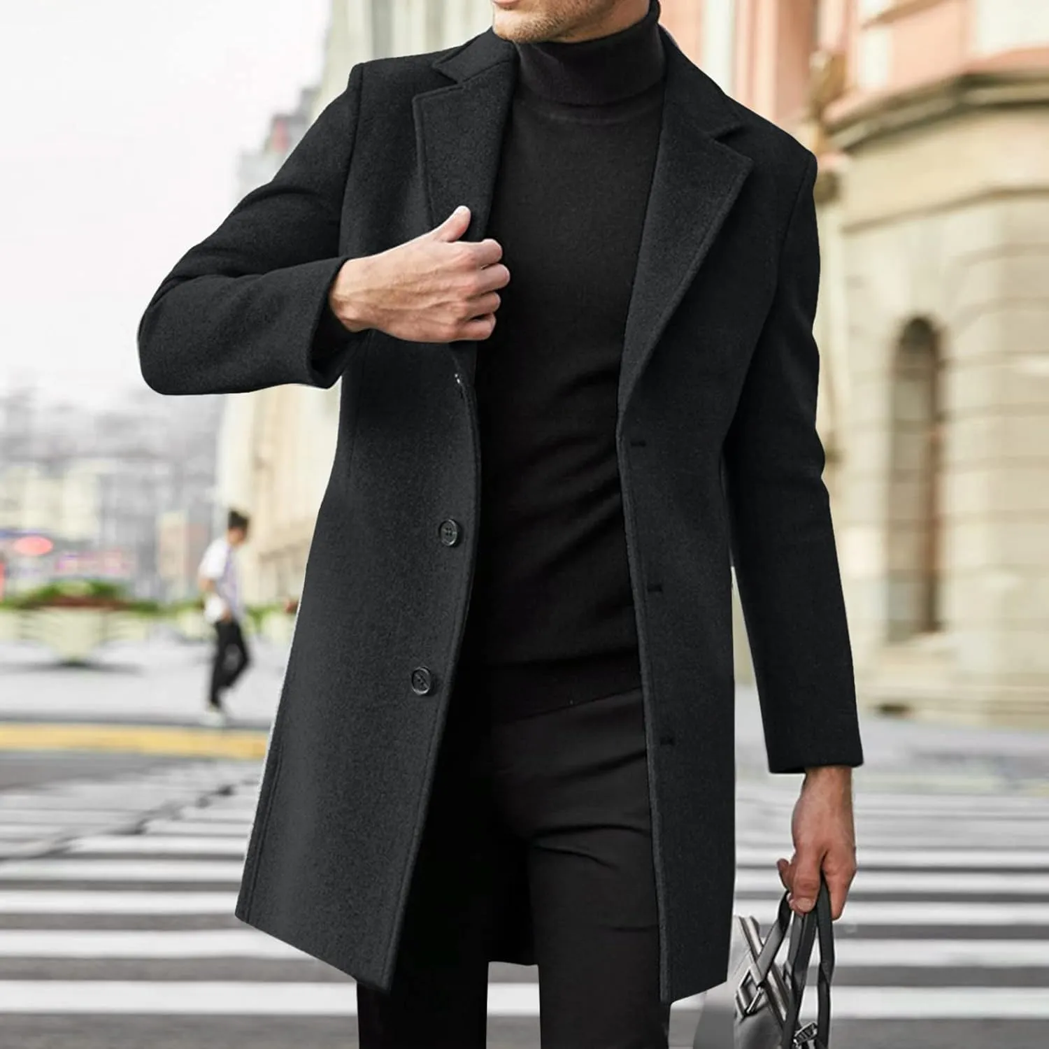 Mens Trench Coat Slim Fit Notch Lapel Single Breasted Business Casual Long Peacoat Fall Winter Windproof Overcoat
