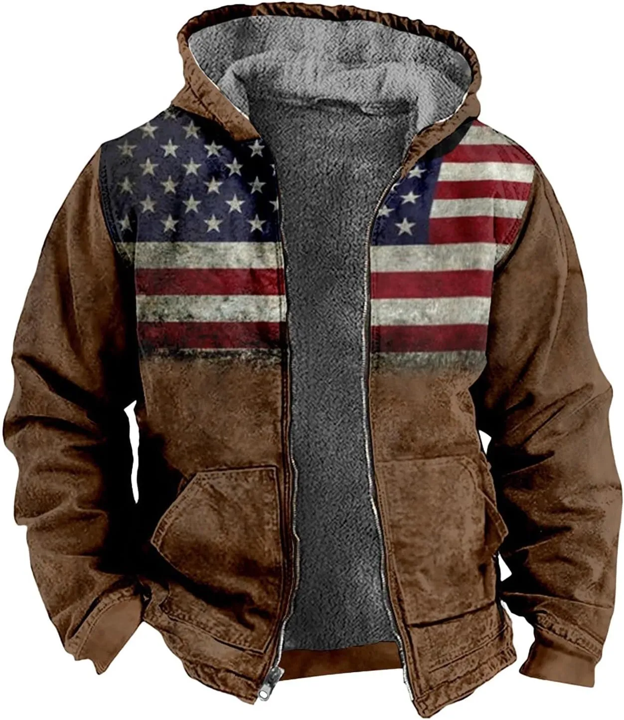 Men's Vintage Sherpa Fleece Lined Jackets Hooded Flag Print Western Warm Outerwear Windbreaker Varsity Coat M-7XL