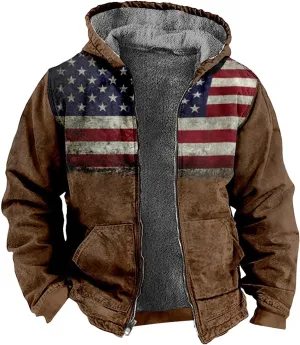 Men's Vintage Sherpa Fleece Lined Jackets Hooded Flag Print Western Warm Outerwear Windbreaker Varsity Coat M-7XL