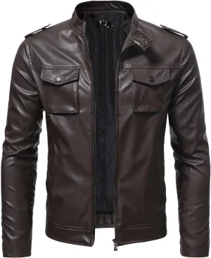 Men's Vintage Stand Collar Motorcycle Biker Jacket Casual Zip Up Moto Crop Slim Fit Winter PU Leather Jackets Coat