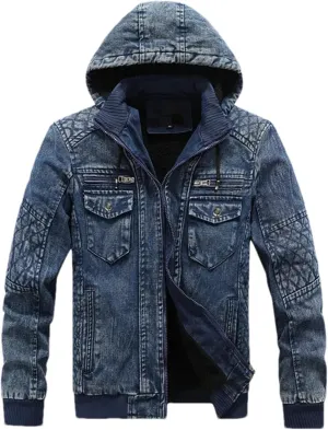Men's Winter Hoodied Denim Jackets Casual Blue Fleece Jeans Jacket Outwear Cotton Trucker Denim Jackets