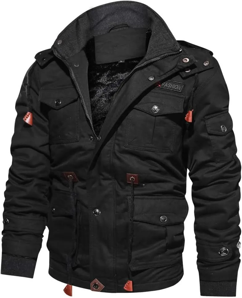 Mens Winter Jacket Sherpa Lined Thickened Fleece Washed Jackets Long Sleeve Full Zip Thermal Cargo Coats with Multi Pocke