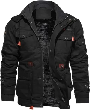 Mens Winter Jacket Sherpa Lined Thickened Fleece Washed Jackets Long Sleeve Full Zip Thermal Cargo Coats with Multi Pocke