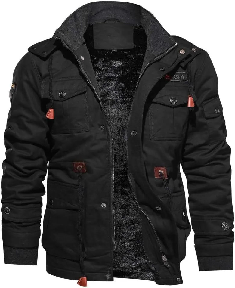 Mens Winter Jacket Sherpa Lined Thickened Fleece Washed Jackets Long Sleeve Full Zip Thermal Cargo Coats with Multi Pocke