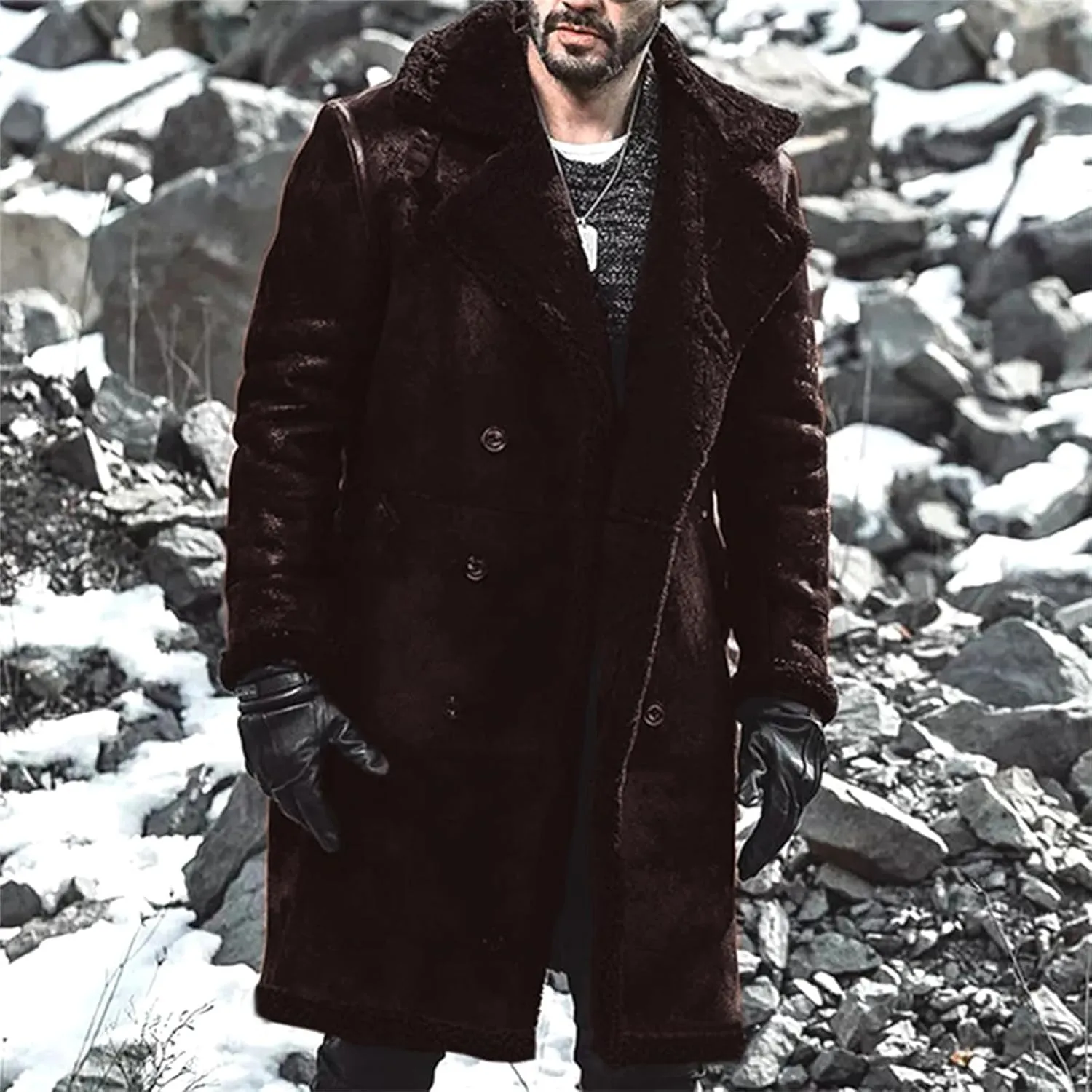 Mens Winter Long Sleeve Turn Collar Faux Fur Parka Jacket Classic Black Sheepskin Bomber Coat for Cold Weather