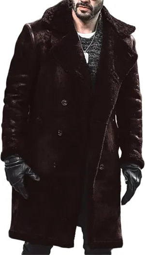 Mens Winter Long Sleeve Turn Collar Faux Fur Parka Jacket Classic Black Sheepskin Bomber Coat for Cold Weather