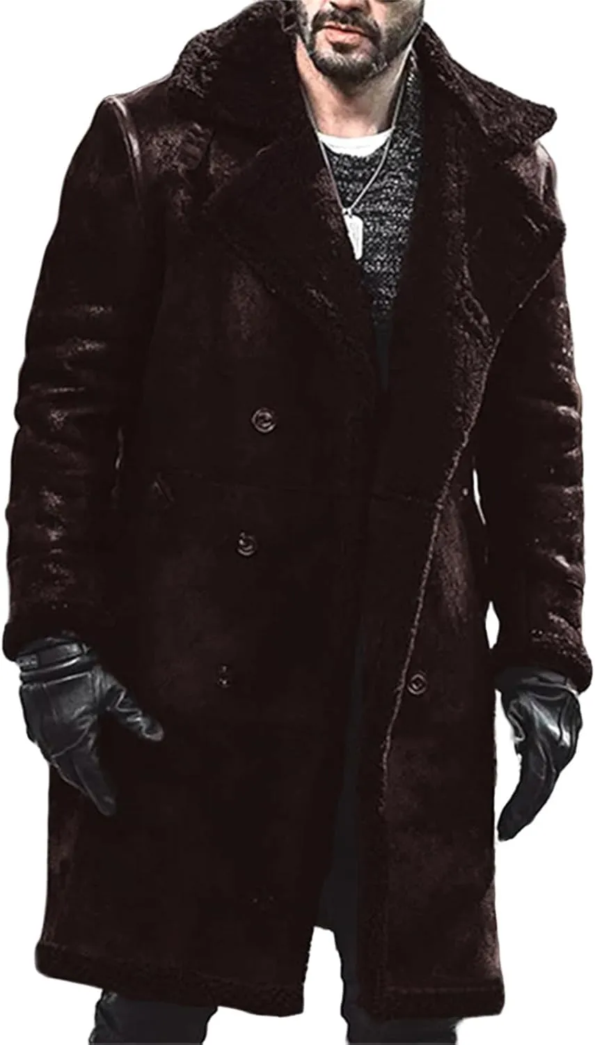 Mens Winter Long Sleeve Turn Collar Faux Fur Parka Jacket Classic Black Sheepskin Bomber Coat for Cold Weather