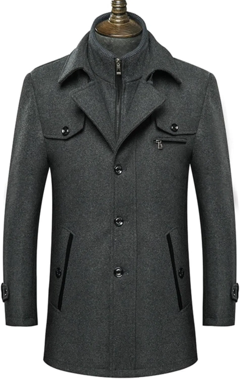 Men's Wool Blend Jacket Single Breasted Slim Fit Thick Warm Winter Windproof Pea Coat Casual Business Work Long Coat