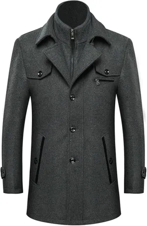 Men's Wool Blend Jacket Single Breasted Slim Fit Thick Warm Winter Windproof Pea Coat Casual Business Work Long Coat
