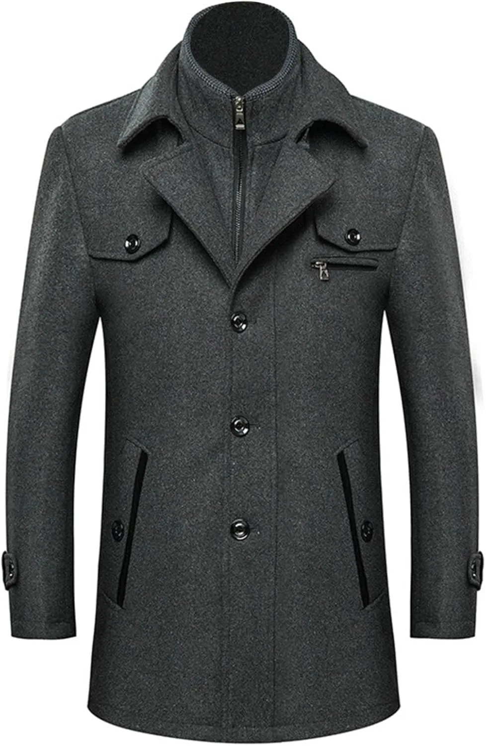 Men's Wool Blend Jacket Single Breasted Slim Fit Thick Warm Winter Windproof Pea Coat Casual Business Work Long Coat