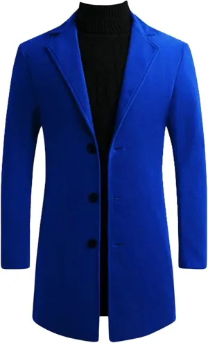 Mens Wool Blend Mid-Length Trench Coat Notched Collar Long Pea Coat Business Single Breasted Jacket Overcoat