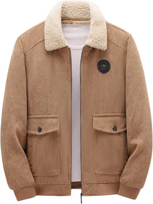 Mens Zippered Corduroy Lapel Jackets Long Sleeve with Cotton Padding Windproof Warm Vintage Sherpa Trucker Jacket
