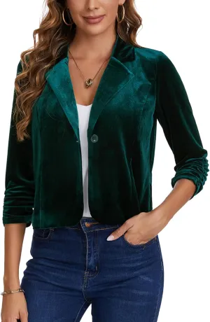 MINTLIMIT Velvet Blazer 3/4 Ruched Sleeve Notched Lapel Button Front Casual Work Office Blazer Jackets