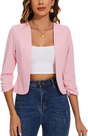 MINTLIMIT Womens Cropped Blazer Suit Jacket 3/4 Ruched Sleeve Open Front Blazer Casual Work Office Suit Jacket Coat Tailored Outfit,Pink,L