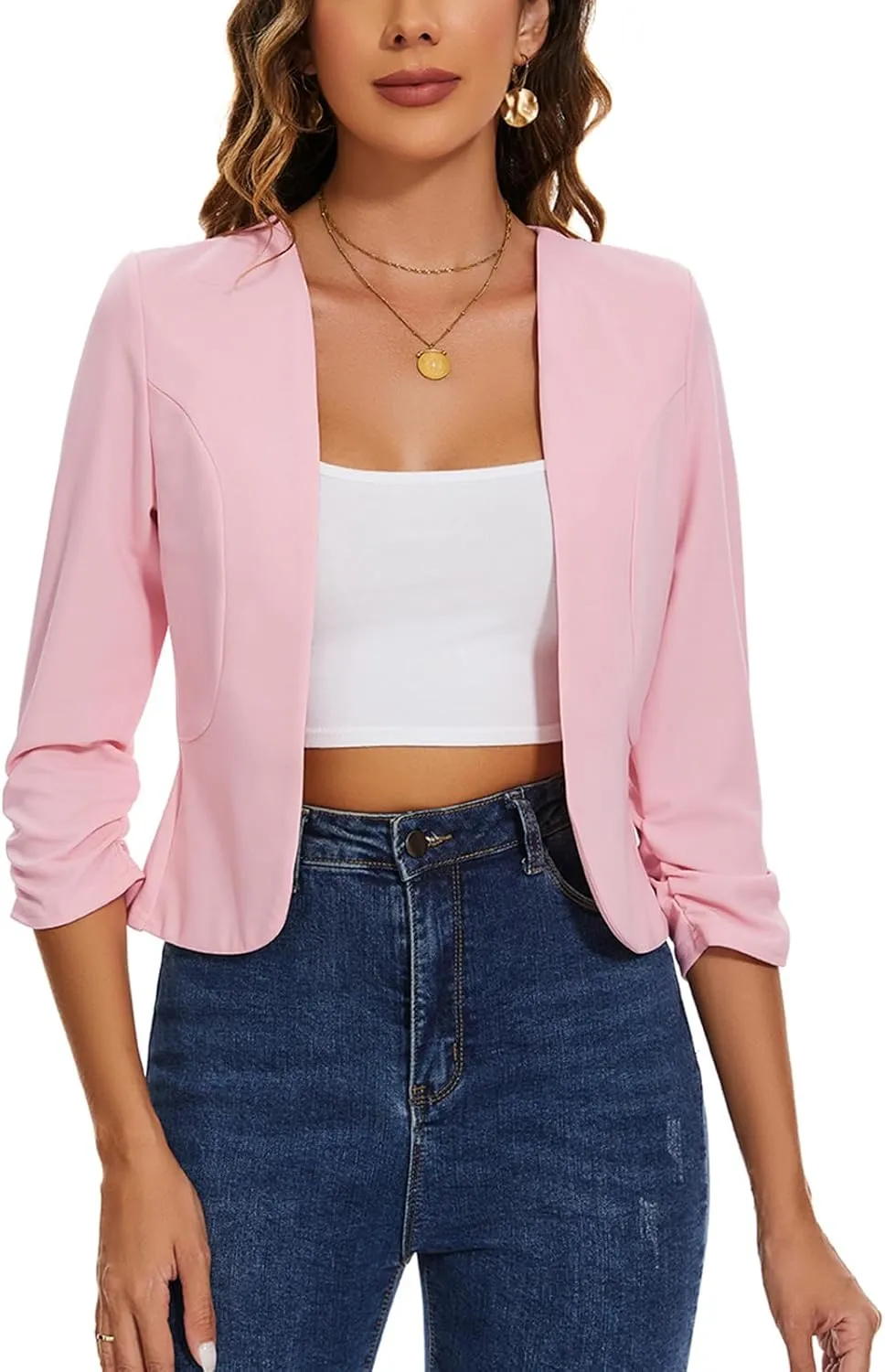 MINTLIMIT Womens Cropped Blazer Suit Jacket 3/4 Ruched Sleeve Open Front Blazer Casual Work Office Suit Jacket Coat Tailored Outfit,Pink,L
