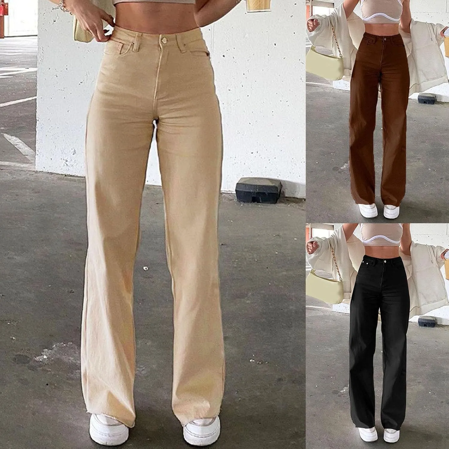 Miyaomn Women's Trendy Wide Leg Jeans Stretchy High Waisted Slim Fit Straight Leg Denim Pants Cotton Work Jeans with Pockets