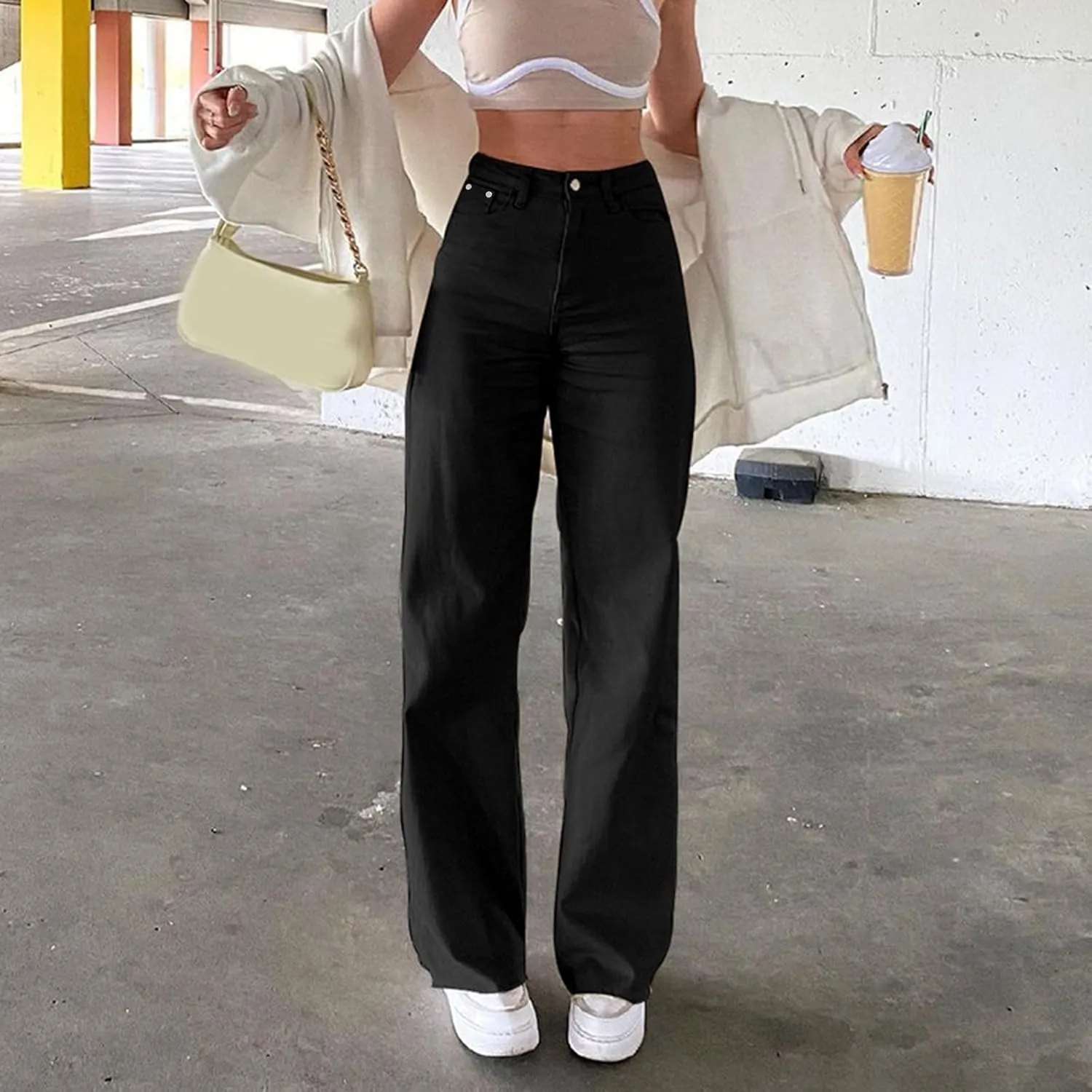 Miyaomn Women's Trendy Wide Leg Jeans Stretchy High Waisted Slim Fit Straight Leg Denim Pants Cotton Work Jeans with Pockets