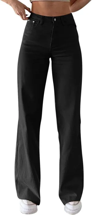 Miyaomn Women's Trendy Wide Leg Jeans Stretchy High Waisted Slim Fit Straight Leg Denim Pants Cotton Work Jeans with Pockets