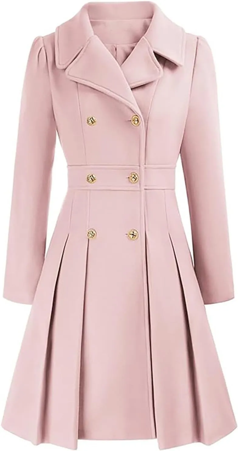 Mmoneyake Women's Fashion Trench Coat Notch Lapel Double Breasted Peacoat Elegant A Line Pea Coats Wool Blend Overcoat Jacket