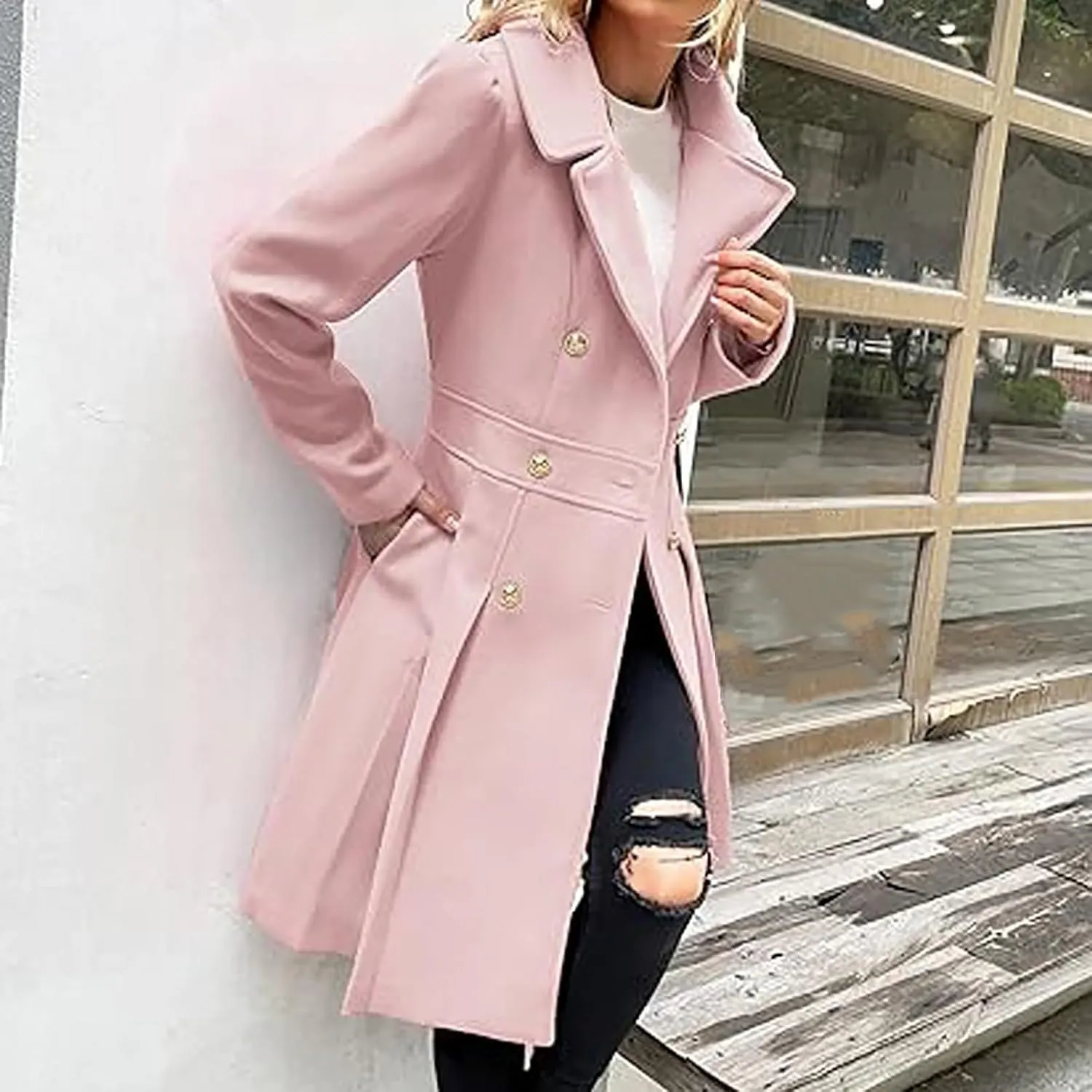 Mmoneyake Women's Fashion Trench Coat Notch Lapel Double Breasted Peacoat Elegant A Line Pea Coats Wool Blend Overcoat Jacket