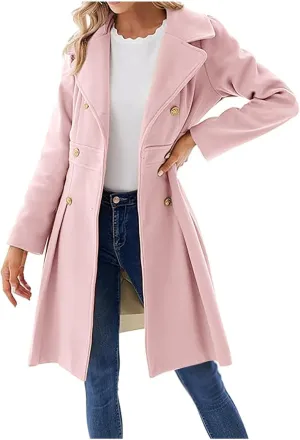 Mmoneyake Women's Fashion Trench Coat Notch Lapel Double Breasted Peacoat Elegant A Line Pea Coats Wool Blend Overcoat Jacket