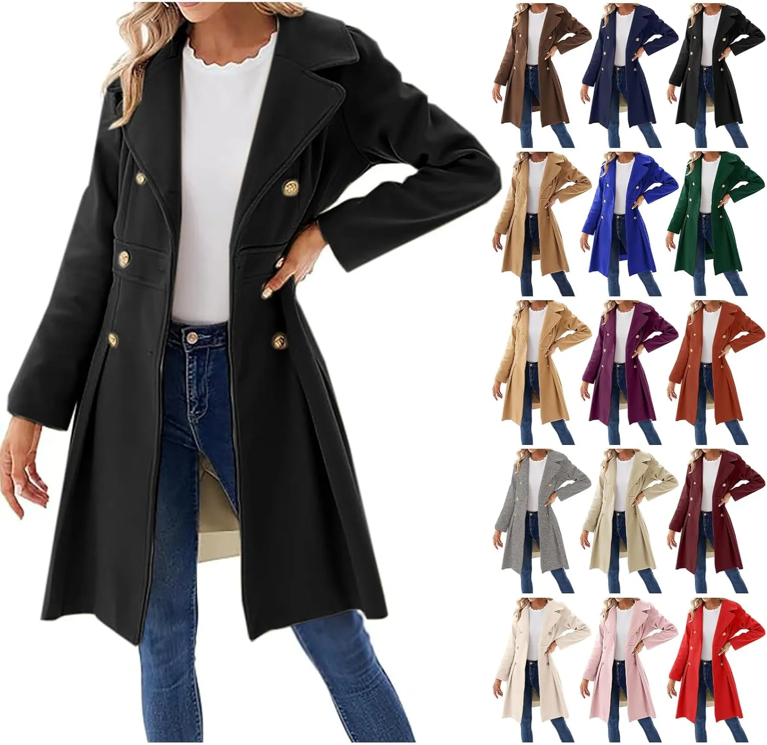 Mmoneyake Women's Fashion Trench Coat Notch Lapel Double Breasted Peacoat Elegant A Line Pea Coats Wool Blend Overcoat Jacket