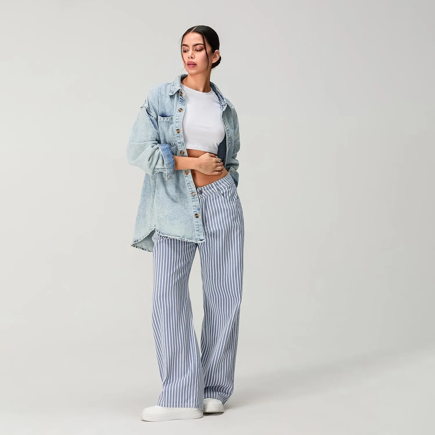Mxiqqpltky Y2k Striped Bell Bottom Jeans Women High Waisted Boyfriend Denim Pants Baggy Wide Leg Stretchy Bootcut Flare Jeans