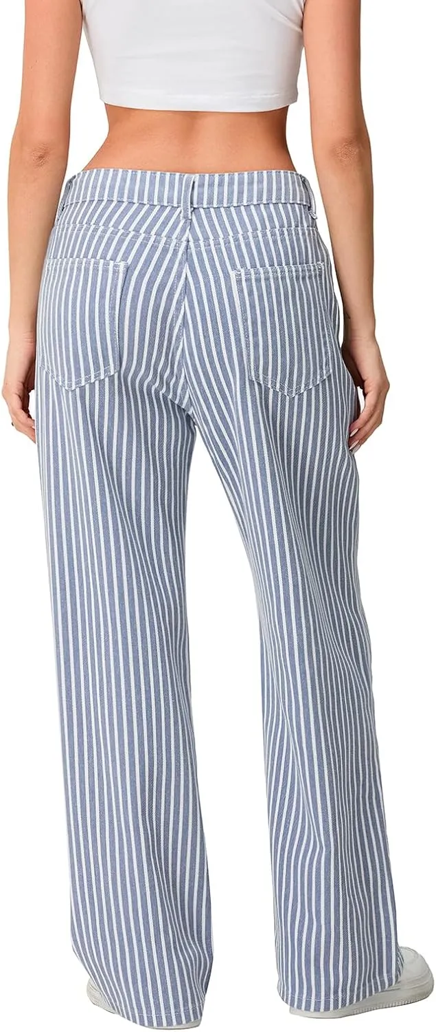 Mxiqqpltky Y2k Striped Bell Bottom Jeans Women High Waisted Boyfriend Denim Pants Baggy Wide Leg Stretchy Bootcut Flare Jeans