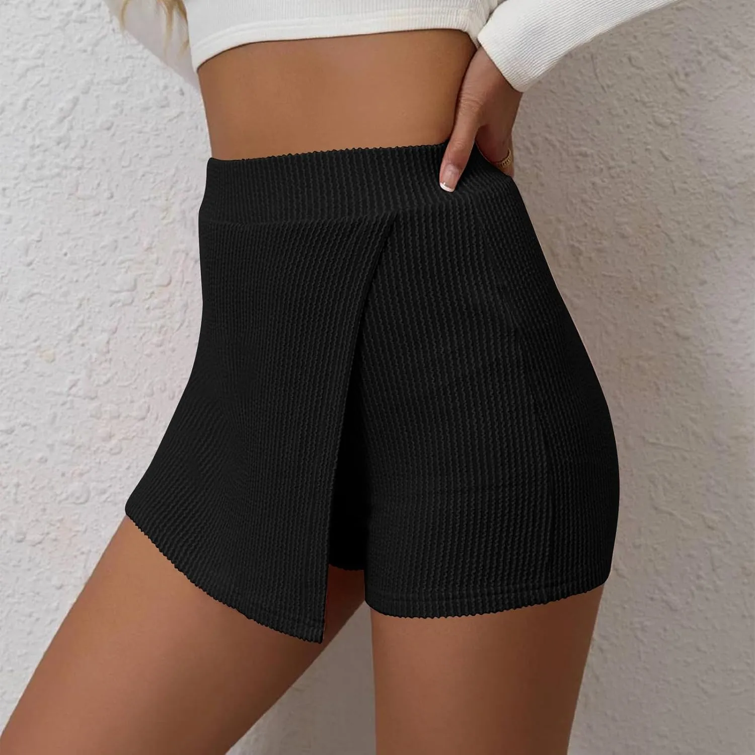 Oplxuo Women's Summer Wrap Skort High Waisted Textured Mini Skirts Pull On Shorts Dressy Bodycon Skirt Inner Shorts