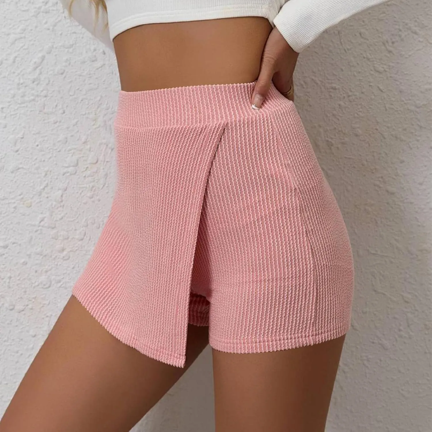 Oplxuo Women's Summer Wrap Skort High Waisted Textured Mini Skirts Pull On Shorts Dressy Bodycon Skirt Inner Shorts