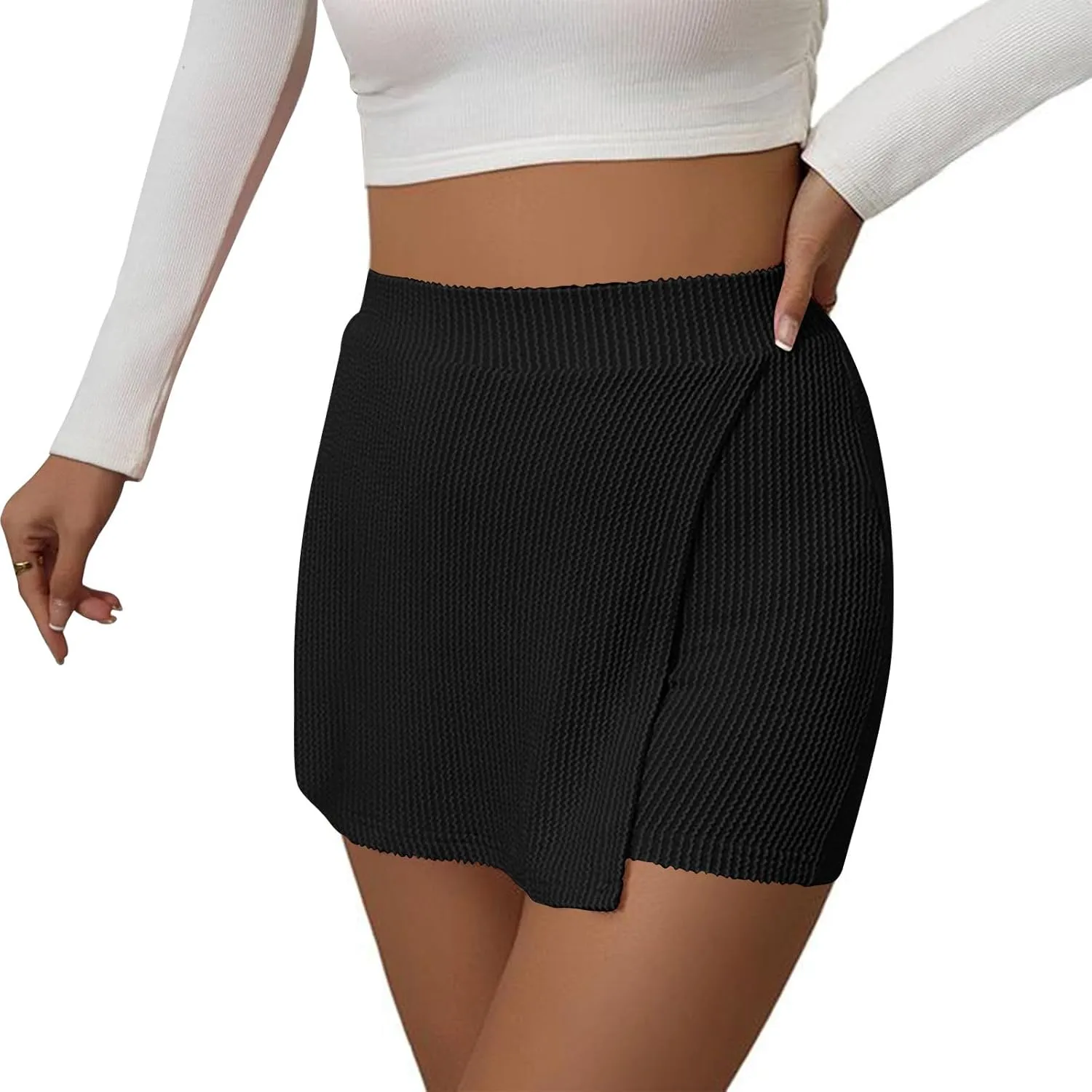 Oplxuo Women's Summer Wrap Skort High Waisted Textured Mini Skirts Pull On Shorts Dressy Bodycon Skirt Inner Shorts