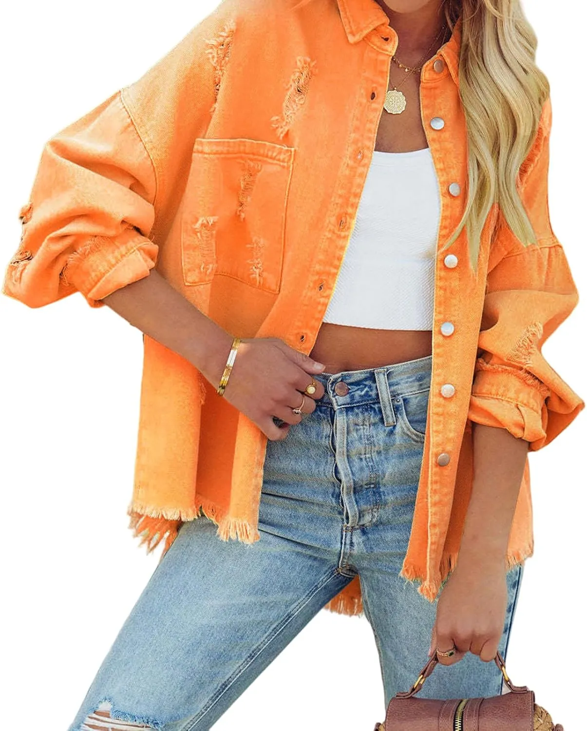 Oversized Jean Jacket for Women Trendy Plus Size Denim Jacket Long Sleeve Denim Shirts Distresse Jackets with Pockets