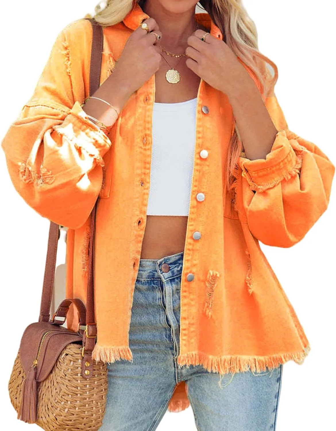Oversized Jean Jacket for Women Trendy Plus Size Denim Jacket Long Sleeve Denim Shirts Distresse Jackets with Pockets