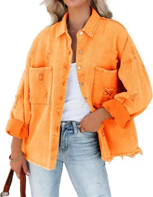 Oversized Jean Jacket for Women Trendy Plus Size Denim Jacket Long Sleeve Denim Shirts Distresse Jackets with Pockets