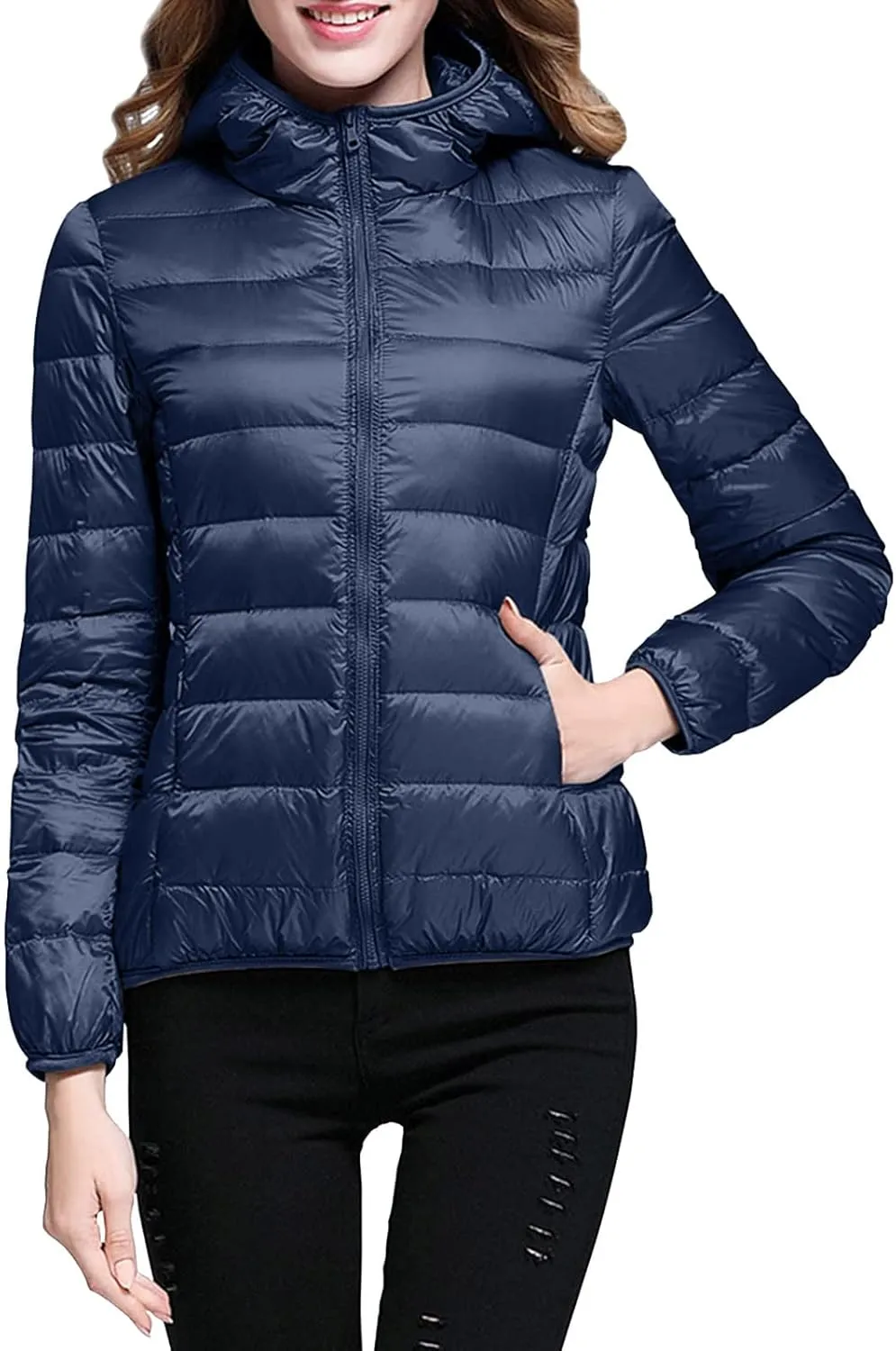Packable Puffer Jacket Women Lightweight Short Down Jackets Winter Trendy Slim Fit Bubble Coat Light Puffer Jackets with Hood