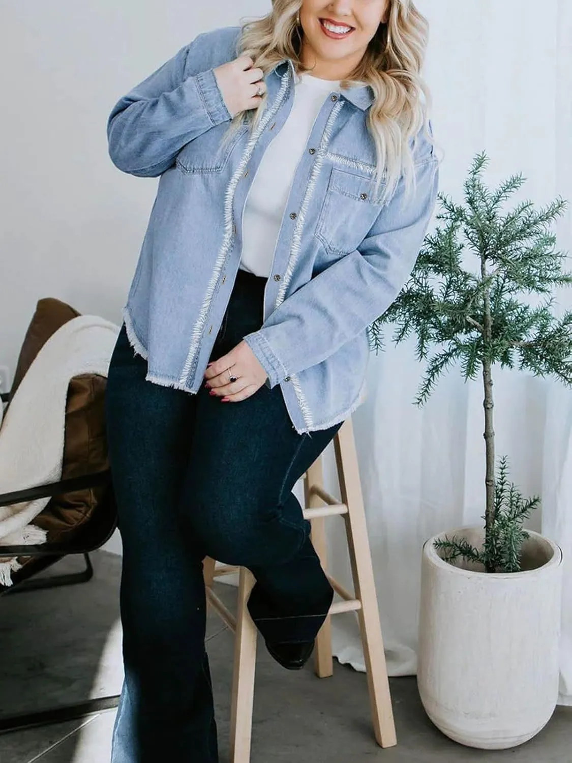 Paintcolors Women's Button Down Denim Shirt Oversized Long Sleeve Casual Frayed Pocket Work Blouses Chambray Tops Jacket