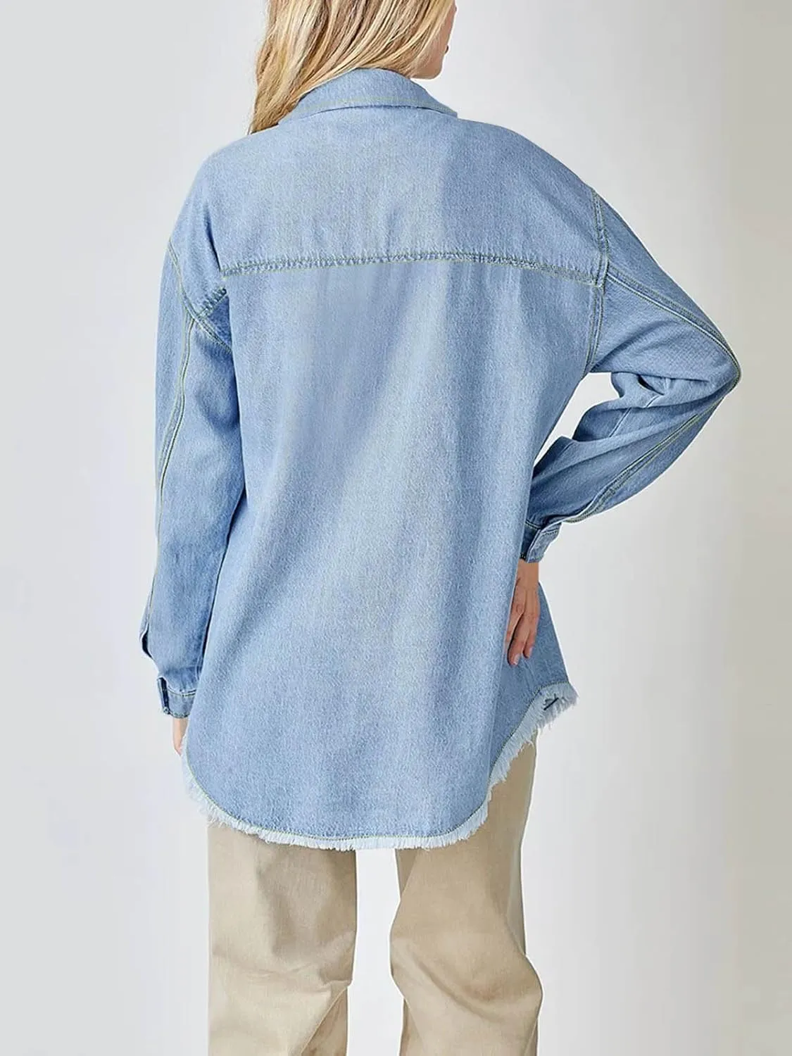 Paintcolors Women's Button Down Denim Shirt Oversized Long Sleeve Casual Frayed Pocket Work Blouses Chambray Tops Jacket