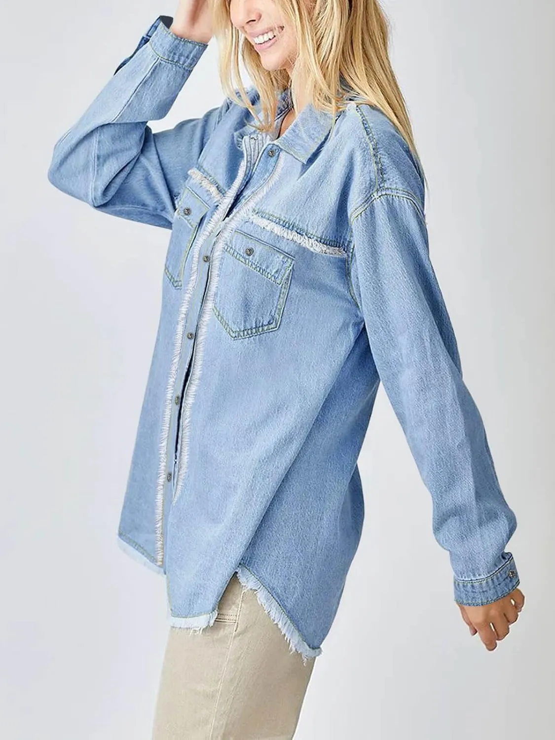 Paintcolors Women's Button Down Denim Shirt Oversized Long Sleeve Casual Frayed Pocket Work Blouses Chambray Tops Jacket