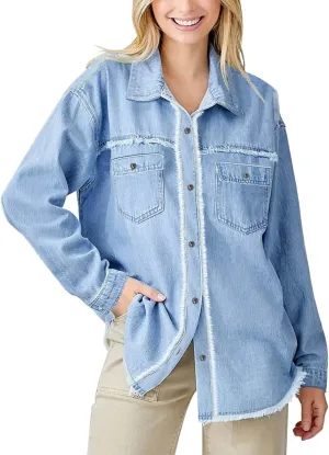 Paintcolors Women's Button Down Denim Shirt Oversized Long Sleeve Casual Frayed Pocket Work Blouses Chambray Tops Jacket