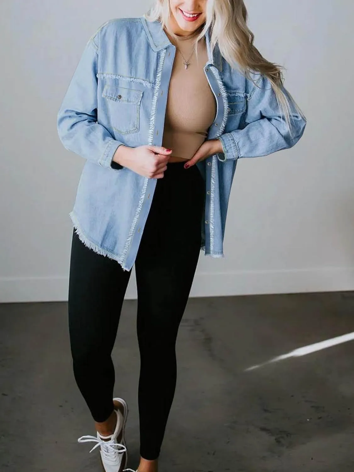 Paintcolors Women's Button Down Denim Shirt Oversized Long Sleeve Casual Frayed Pocket Work Blouses Chambray Tops Jacket