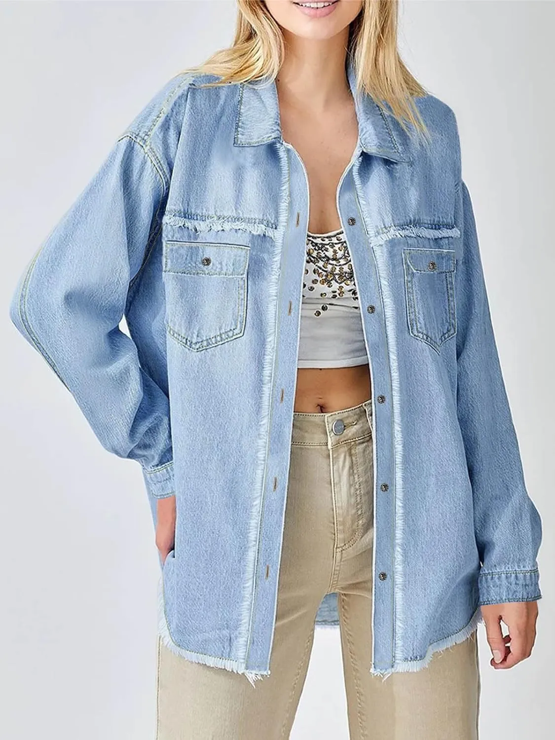 Paintcolors Women's Button Down Denim Shirt Oversized Long Sleeve Casual Frayed Pocket Work Blouses Chambray Tops Jacket