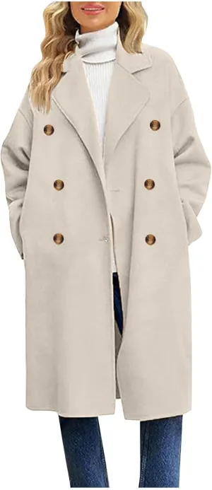 Pea Coat for Women Open Front Double Breasted Wool Coats Plus Size Notched Lapel Overcoat Long Winter Outerwear