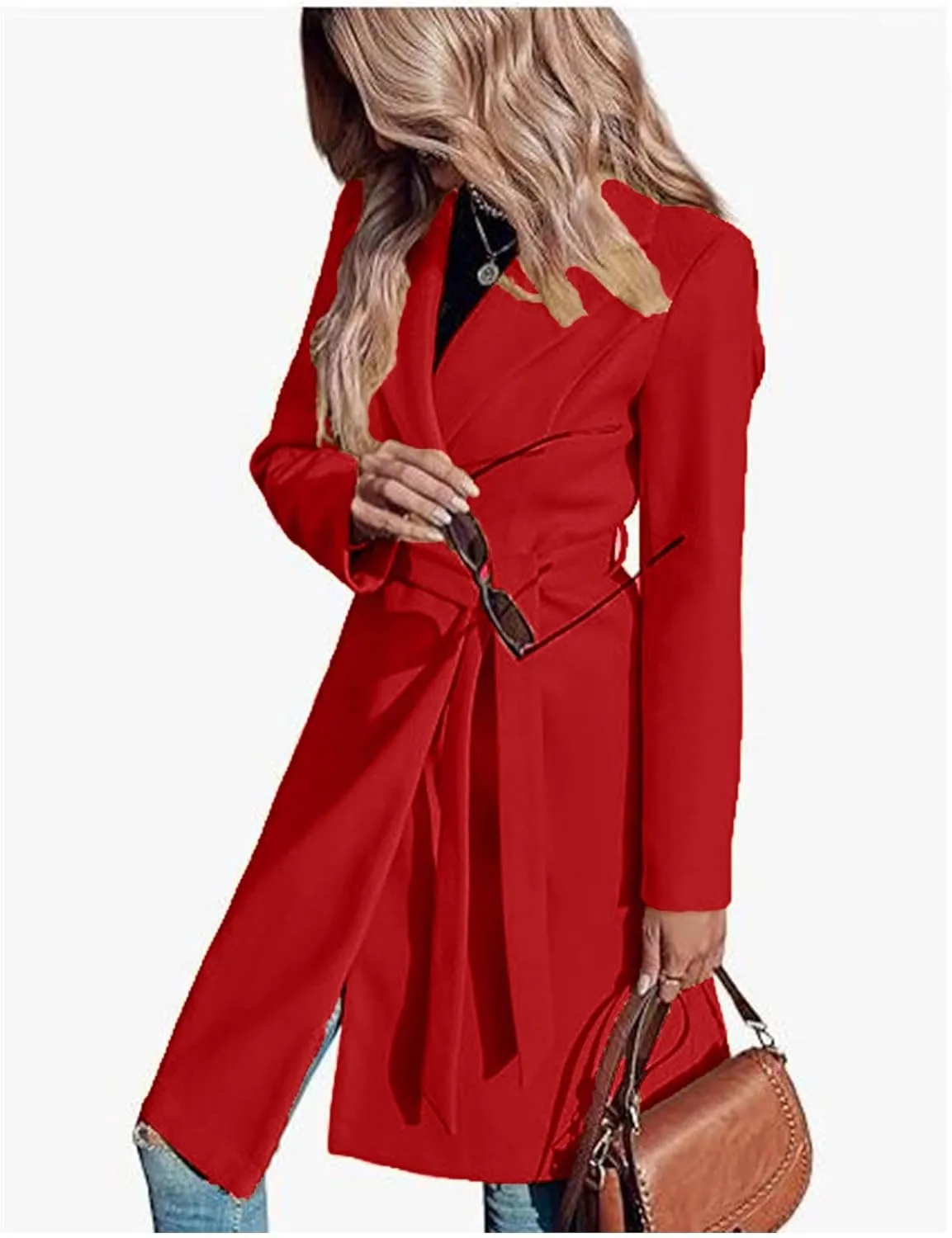 Pea Coats for Women Double-Breasted Wool Long Trench Coat Winter Lapel Collar Overcoat Windbreaker Jacket with Belt