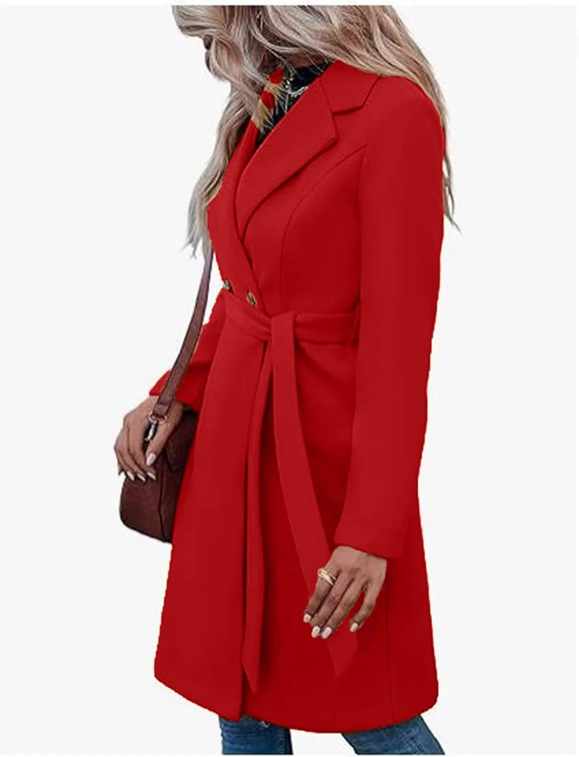 Pea Coats for Women Double-Breasted Wool Long Trench Coat Winter Lapel Collar Overcoat Windbreaker Jacket with Belt