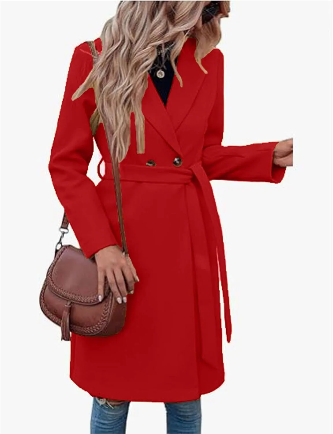 Pea Coats for Women Double-Breasted Wool Long Trench Coat Winter Lapel Collar Overcoat Windbreaker Jacket with Belt